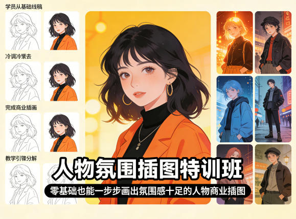 人物氛围插图特训班，零基础也能一步步画出氛围感十足的人物商业插图-星鸦资源
