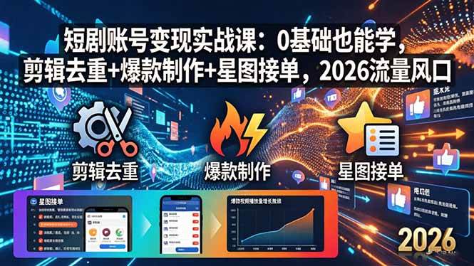 （18160期）短剧账号变现实战课：0基础也能学，剪辑去重+爆款制作+星图接单，2026流量风口-星鸦资源