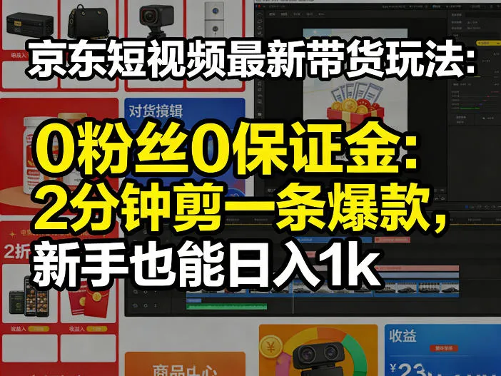 京东短视频最新带货玩法，0粉丝0保证金，2分钟剪一条爆款，新手也能日入1k+
