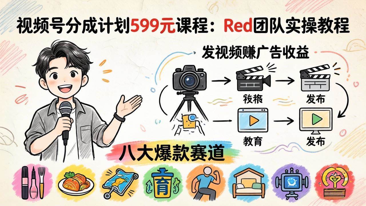 （18088期）视频号分成计划599元课程：Red团队实操教程，发视频赚广告收益，八大爆款赛道全掌握-星鸦资源