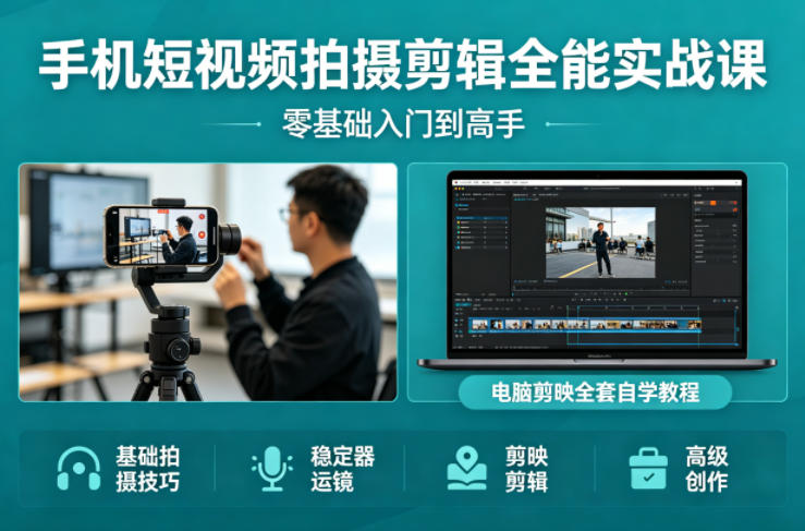 手机短视频拍摄剪辑全能实战课：零基础入门到高手，稳定器运镜+电脑剪映全套自学教程-星鸦资源